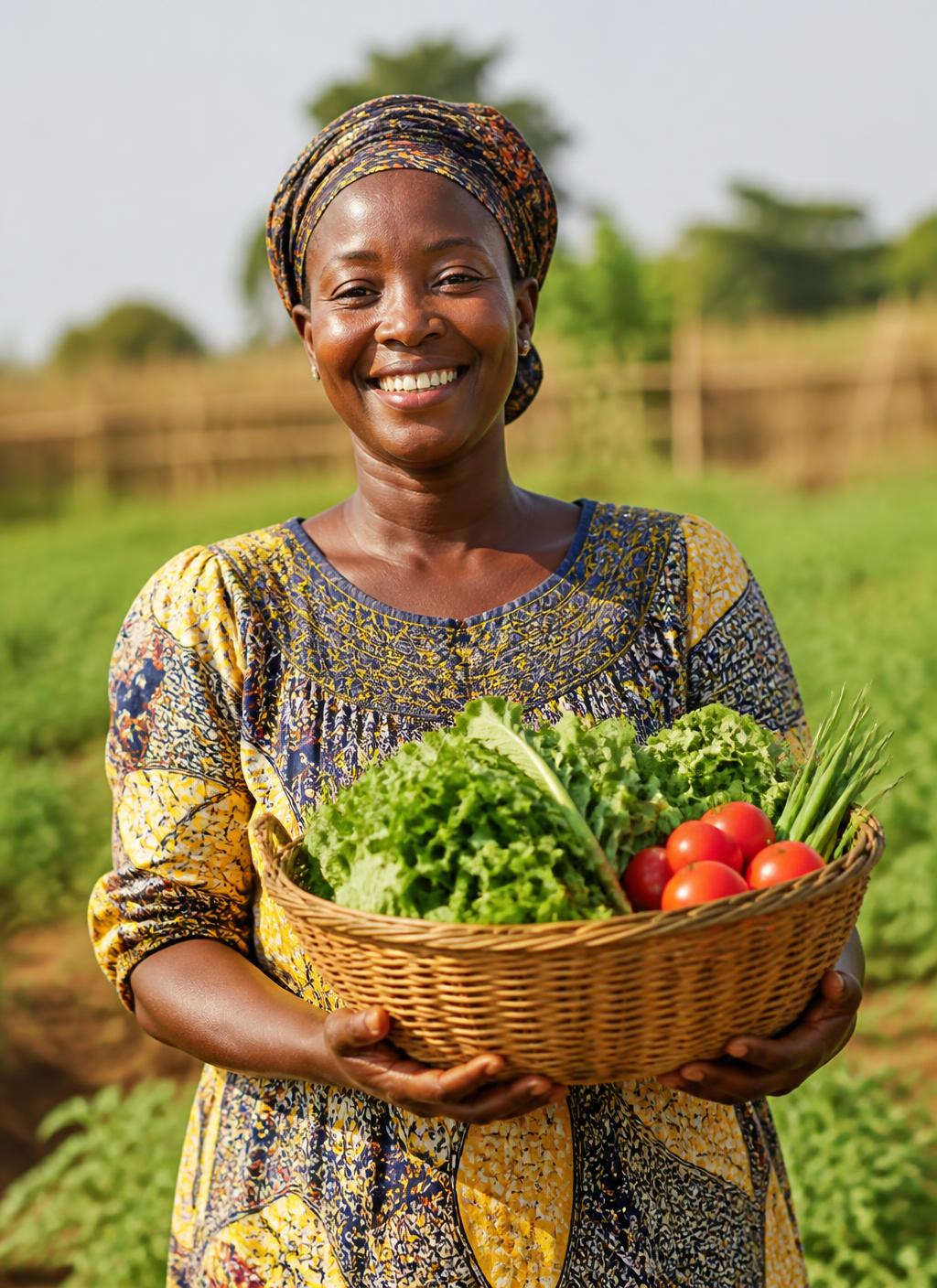 Smiling African farmer holding a basket of fresh harvest